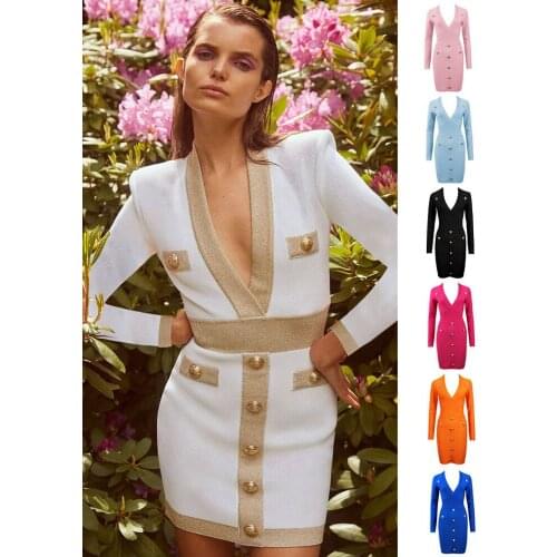 KLEEZY 2021 New Autumn Women Dress V-Neck Zipper Mini Buttons Vestidos Sexy Slim Casual For Evening Party Bandage Clothing 2021