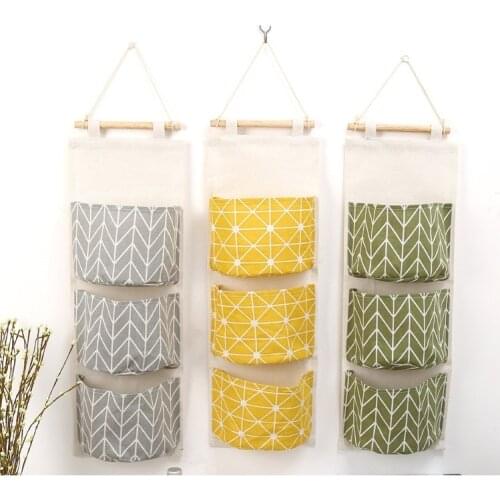 Flamingo Pattern Cotton Linen Hanging Storage Bag 3 Pockets Wall Mounted Wardrobe Hang Bag Wall Pouch Cosmetic Toys Organizer