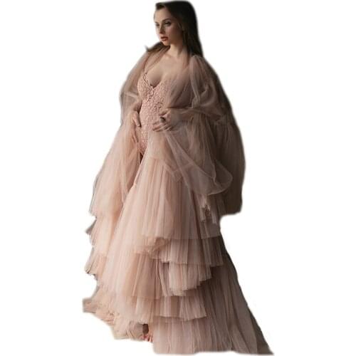Luxury Maternity Dresses for Photoshoot Kimono Tiered Ruffled A Line Evening Gown Puffy Tulle Long Sleeves Cloak Maternity Dress