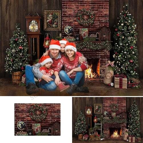 Christmas Tree Fireplace Backdrop Background Wreath Photo Studio New Year Toy Santa Gifts Wood Wall Wallpaper Family Party Decor