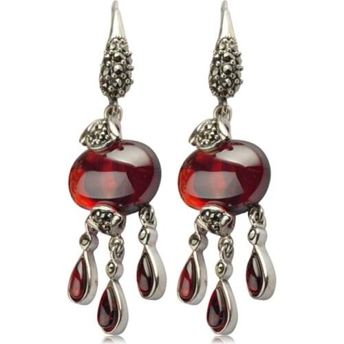 925 Sterling Silver color Pomegranate Tassel Drop Earring Women Red Garnet & Black Agate Thai Silver Earrings Jewelry Gifts