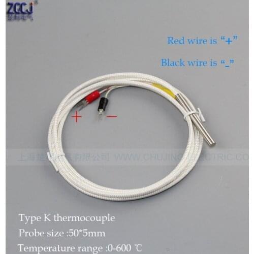 0-600℃ corrosion resistant Stainless Steel thermocouple 50*5mm K type Temperature Sensor Thermocouple with 1m 2Cable Wires