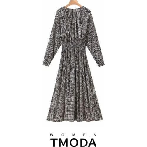 TMODA1000 2021 Spring Women Vintage Plaid Dresses Elastic Waist Long Sleeve Fashion Casual Long Dresses Women Clothing