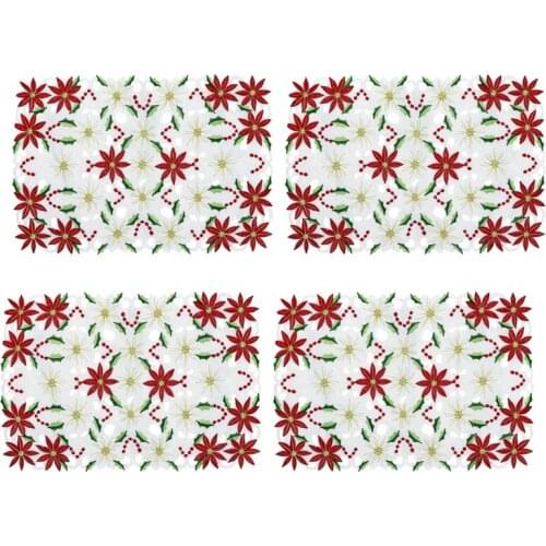 Embroidered Christmas Placemats, Red Poinsettia Placemats with Holly for Christmas Holiday Decorations, 11X17 Inch,4 Pcs