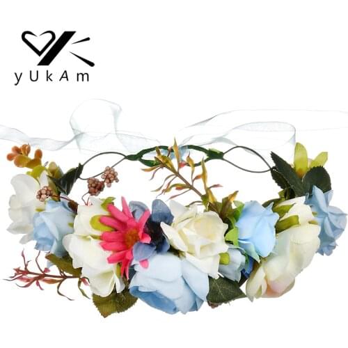 YUKAM Handmade Artificial Flowers Headband Wedding Party Fabric Flower Garlands Wreath Flower Crown for Women Hair Accessories