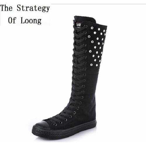 Spring Autumn New High-top Slim Canvas Crystal Cross-tied Zipper Plus Size 42 43 Women Long Knee-High Boots Ladies Dance Shoes
