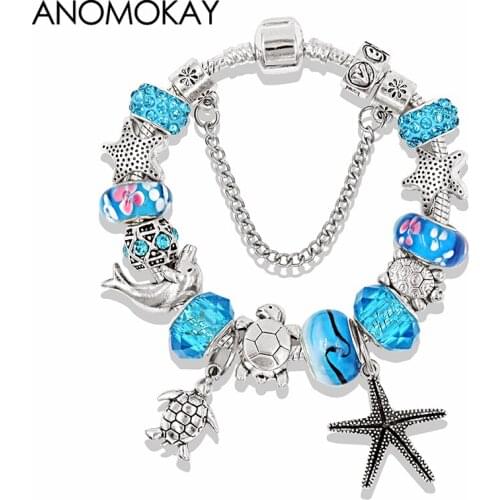 New Design Blue Ocean Flower Murano Bead Bracelet Silver Color Starfish Tortoise Animal Charm Bracelets & Bangles Femme