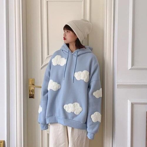 White Clouds Design Loose Feeling Lowered Top Hooded Womens Spring 2021 Korean Version of The Three Dimensional Blue Sky