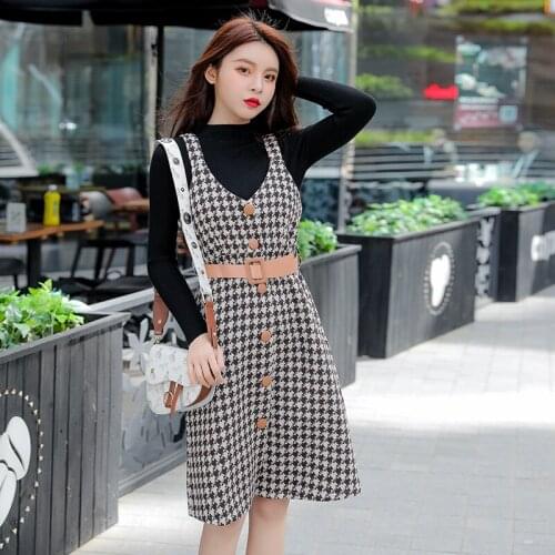 New 2021 Autumn Winter Elegant Women’s Clothes Suits Long Sleeves Knitted Sweater+Single Breasted Plaid Tweed Dress 2 Piece Set