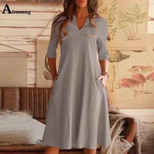 2021 Summer Knee-Length Dress with Pockets Women Casual V-neck Linen Beach Dresses Vestido Robe Femme Clothing Plus Size S-5XL