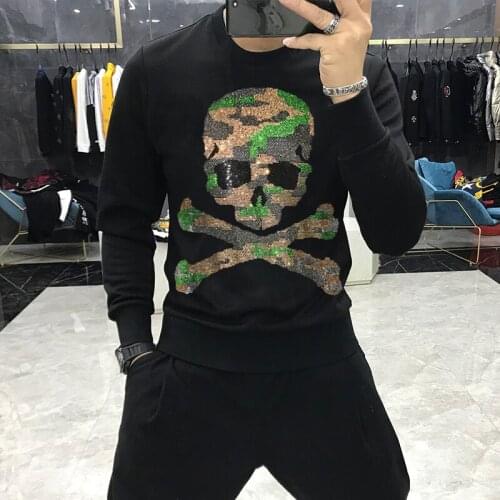 Winter New Arrival Mens Hoodie Casual Sweatshirt Round Neck Personality Hot Diamond Skull Long Sleeve Top M-5XL
