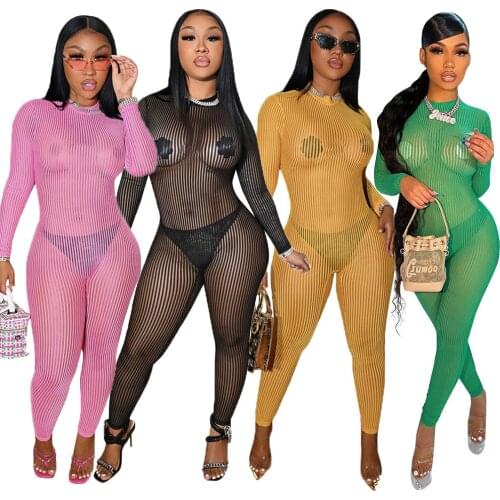 2021 Best Quality Fashion Design Wome Jumpsuit Solid Color Perspective Sexy Club