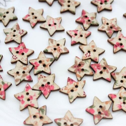 400pcs floral Star Fabric Covered Wood fancy floral wood wooden 2 holes Multi Colored Buttons 20mm