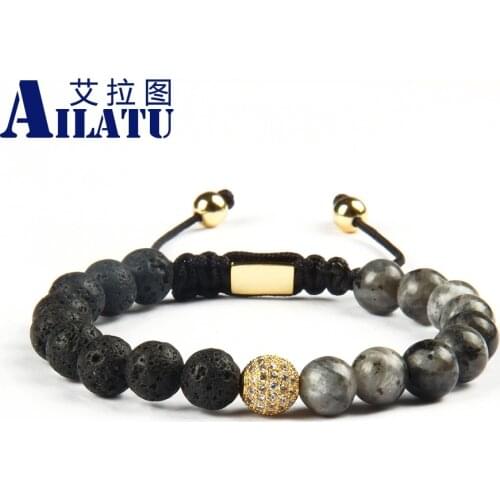 Ailatu Brand Wholesale 8mm Cubic Micro Pave Clear Cz Ball Macrame Bracelet with Natural Lava Stone Beads 10pcs/lot