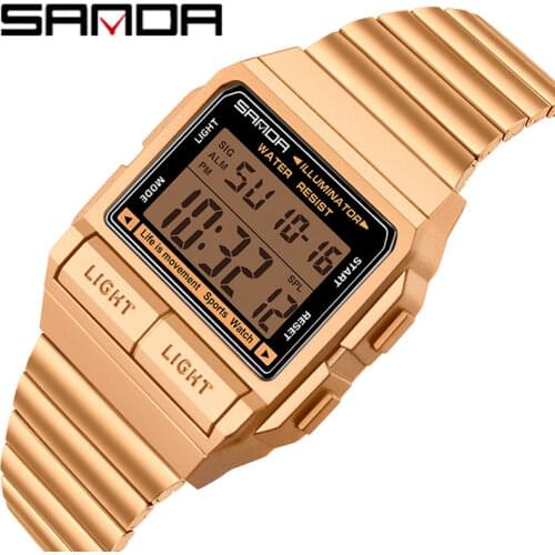 Sanda Rose gold Fashion Male Watch Professional Digital Watches Sports Men 50M Waterproof Military Alarm Shock Retro Analog New