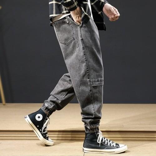 Fashion Men Jeans Retro Gray Spliced Japanese Vintage Designer Cargo Pants Streetwear Hip Hop Jeans Men Joggers Harem Trousers