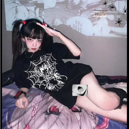 Anime tshirt Spider web Print O-Neck Tees Creativity Loose summer T-Shirts Women Short sleeve Oversize top HipHop Streetwear y2k
