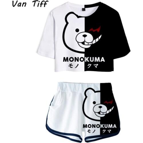 Anime Danganronpa Monokuma T-shirt Shorts Grils Two Pieces Sets Monokuma Junko Enoshima Cosplay Tees Women Sportswear Summer