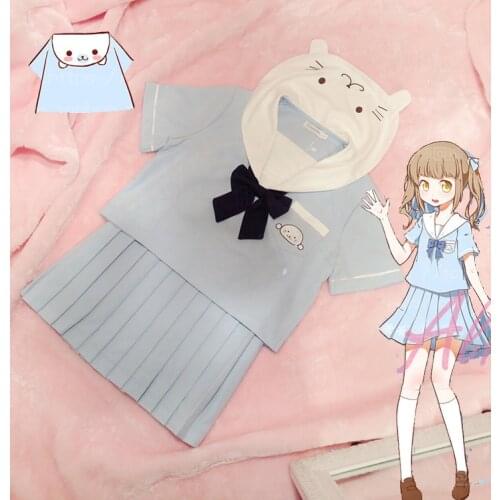 Kawaii Little Seal Theme Japan JK Uniform Suit Soft Baby Blue Sailor Collar Blouse Shirt + Pleated Skirt Lolita with Neck Bow