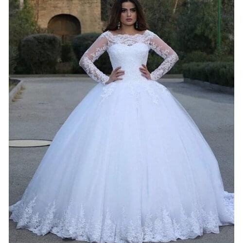 Muslim Ball Gown Wedding Dress 2021 Princess Style Long Sleeve Lace Appliques Bride Dress Custom Made Wedding Gowns