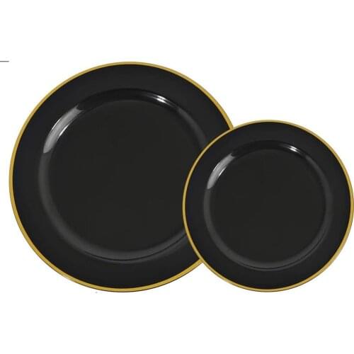 20-Piece Disposable Dinner Plate 7.5in and 10.25in Black Plastic Plate With Golden Rim
