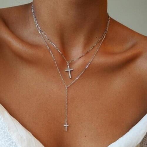 Fashion Gold Silver Color Crystal Cross Necklaces Double Layer Rhinestone Pendant Necklace Catholic Religious Christian Jewelry
