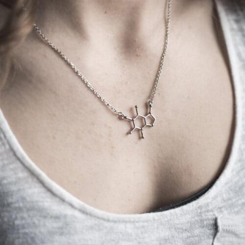 Silver Color Caffeine Molecule Pendant Necklace Happy Hormon Biology Medical Students Choker Necklaces For Women Gift Lover