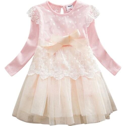 Girls' Dress Fashion Long Sleeve Lace Embroidery Mesh Matching Bow Belt O Neck Princess Dress