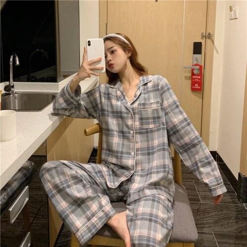 Casual plaid sleepwear set long sleeve trousers home suit new womens pijamas Ins pyjama female korean vintage pajamas for wome