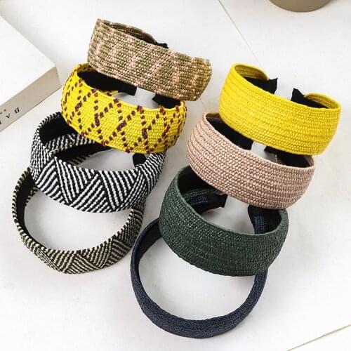 Straw Weave Wide Sponge Headband For Women Girl Hand Made Plaid Knot Cross Hair Band Accessories Fashion Korean Wholesale Sweet