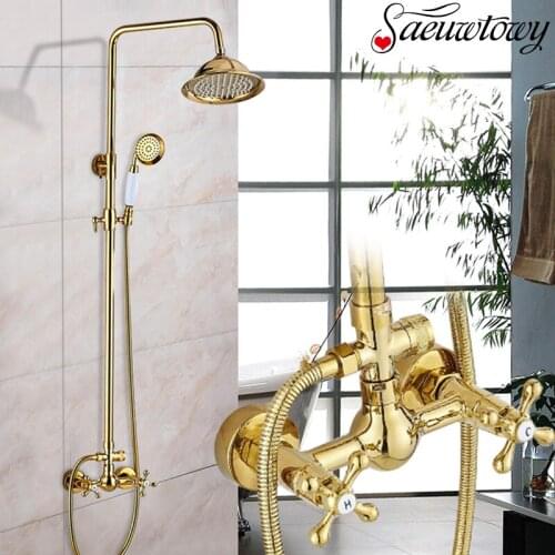 Luxury Golden Bathroom Shower Faucet Set Wall Mounted 8 '' Shower Head Bathtub Hot And Cold Water Mixer Rotated Adjust The Hight
