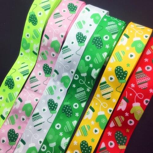 Wholesale 5 Yards 1Inch 25mm Wide Christmas gloves Printed Grosgrain Ribbon Hair Bow/Christmas/wedding DIY Sewing Craft #002