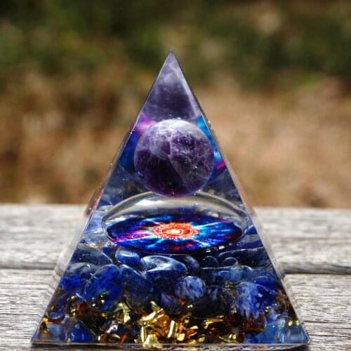 Handmade Orgonite Pyramid 60mm Amethyst Crystal Sphere Blue Quartz HEALING Cristal Reiki Orgone Pyramid Chakra EMF Protection