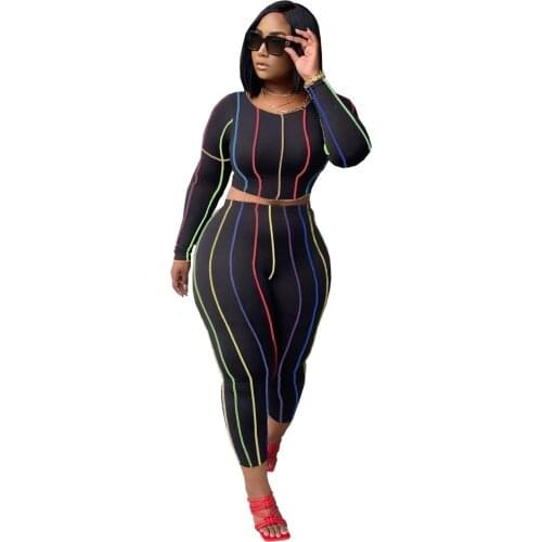 O Neck Casual Sports Stripe Printing Two-piece Set For Women Sexy Bodycon Long Sleeve Short Tops Pants Jogger Outfits Tracksuit