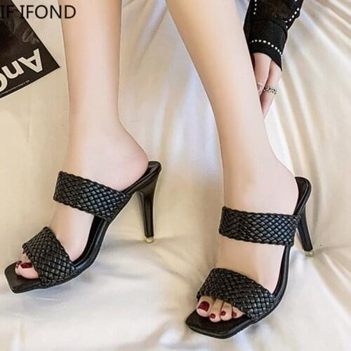 IF IFOND Summer Weave Women Slippers Outdoor Sandal High Square Heel Flip Flop Ladies Fashion Thick High Heels Gladiator Sandals
