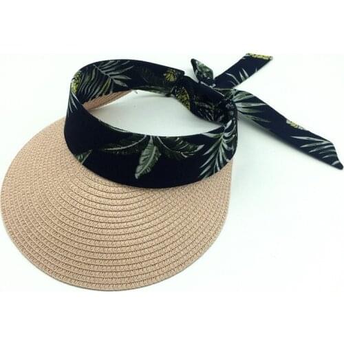 Women Summer Pink White Natural Straw Visor Hat Girls Elastic Band Sun Protect Beach Hats Floral Printed Straw Visor Hat