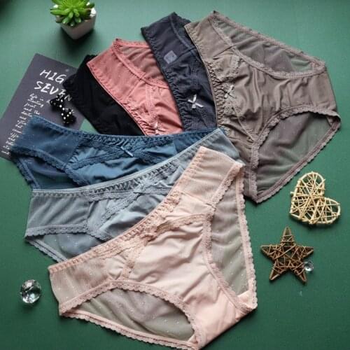 Cute Bowknot Cross Lace Seamless Womens Panties Transparent Mesh Low-Waist Panties Breathable Cotton Crotch Briefs Lingerie