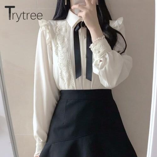 Trytree 2020 Spring Autumn Blouse Women Casual Bow Turn-down Collar Lace Ruffles Single Breasted Office Lady White Shirts Tops