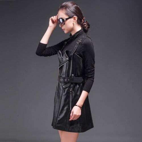 Vintage Office Lady Black Genuine Leather Dress Female Belted High Waist A Line Dresses For Women Gothic Zip Vestido Plus Size