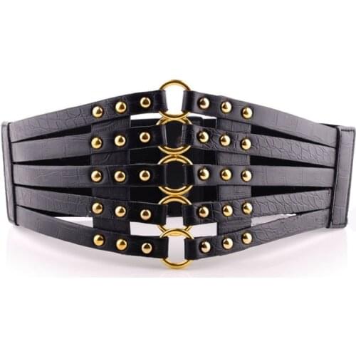 Vintage Steampunk Rivets Belt Women Waist Train Gothic Corsets and Bustiers Trimmed with Brown Leather Harness