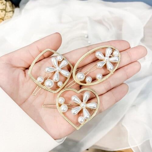 Korea Simulated Pearl Hair Clips Gold Flower Geometric Round Heart Barrettes For Women Hairgrips Hair Accessories Girl Headwear