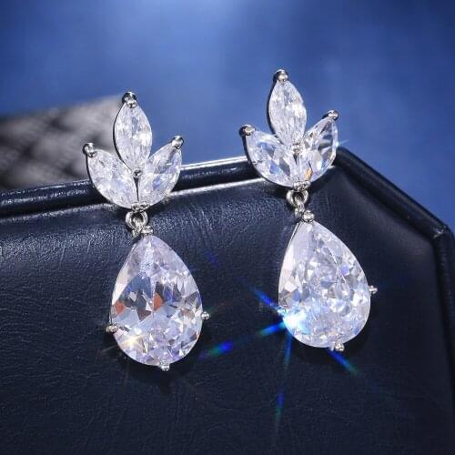 Luxury Princess Cut Flower Zirconia Crystal Long Earrings for Women Shiny Leaf CZ Stone Bridal Wedding Jewelry Accessories