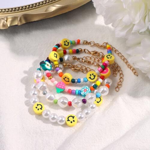 Handmade Smile Face Imitation Pearls Beaded Bracelet For Women Colorful Acrylic Seed Bead Strand Bracelets Bohemian Jewelry 2021