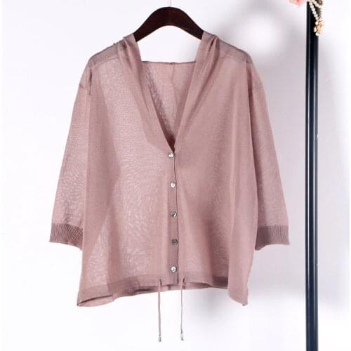 Shuchan Hooded Cardigans Women Linen 2019 Summer Casual Computer Knitted Sweater Women 3/4 Sleeve High Quality Tops Cddm-622