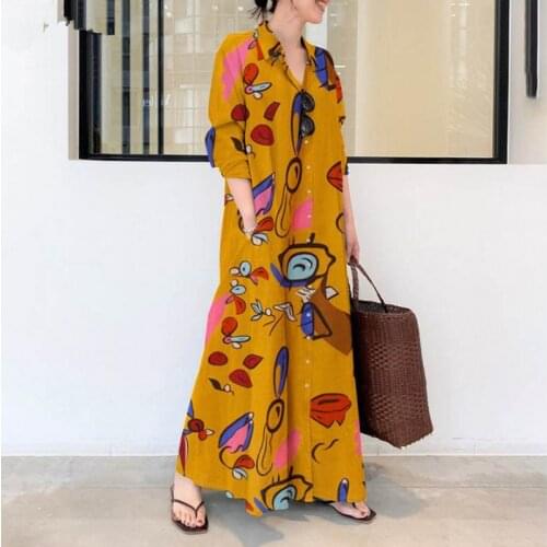 2021 Fall Long Shirt Dress For Women Cotton And Linen Print Lapel Long Sleeve Dress Loose Casual Cardigan Long Dress Femme Robe