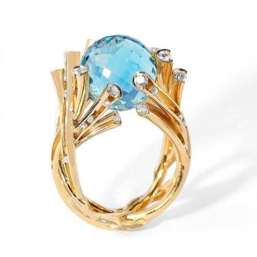 2020 New Arrival Exquisite Blue Crystal Ball Golden Branch Ring For Charm Women Wedding Fashion Party Jewelry Gifts Wholesale