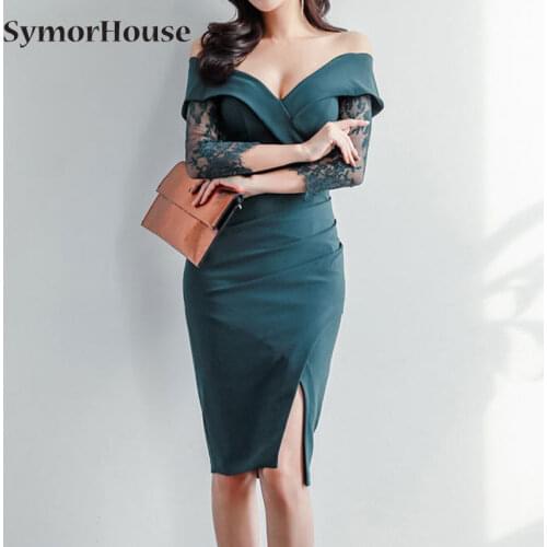 2021 New Slash Neck Lace Patchwork Vestidos Simple Chic Work Wear Dress Womens Office Bodycon Sheath Casual Pencil Dresses
