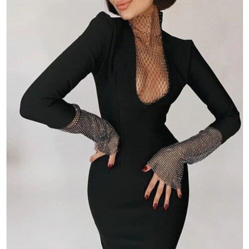 2021 Elegant Mesh Patchwork Black Dress Long Sleeve V Neck Sexy Bodycon Women Outfits Autumn Winter Celebrity Party Vestidos