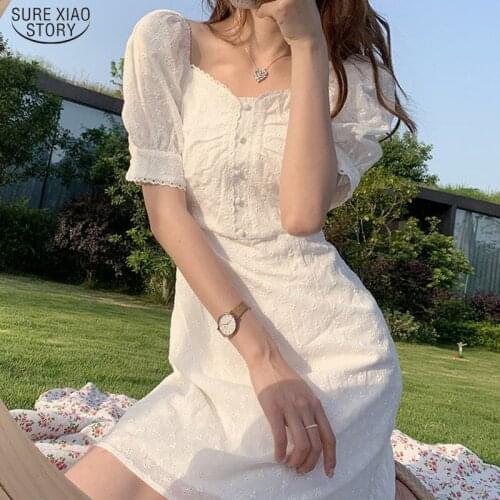 New Vintage Cotton White Dress Women Floral Square Collar Summer Mini Dresses Puff Sleeve Casual Korean Party Dress Robe 15338