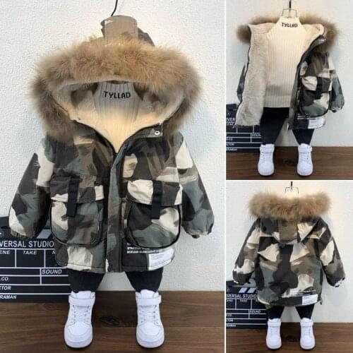 Baby Toddler Little Boys Girls Winter Camouflage Coats Fur Hooded Jacket 2021 Kids Warm Fleece Outerwear Childrens Parkas